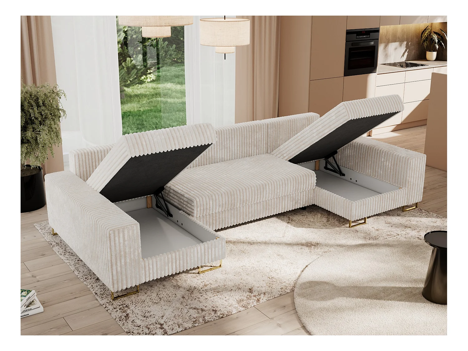 Ecksofa DORIAN U, Wohnlandschaft, Ecksofa mit Armlehnen, schlaffunktion und Bettkästen - Beige Cord