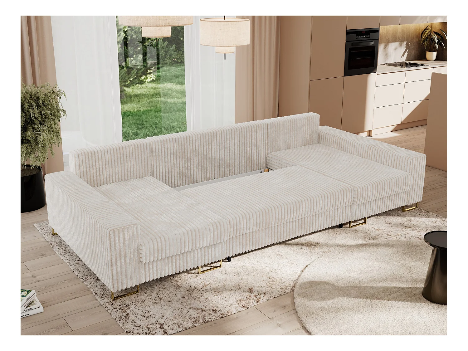 Ecksofa DORIAN U, Wohnlandschaft, Ecksofa mit Armlehnen, schlaffunktion und Bettkästen - Beige Cord