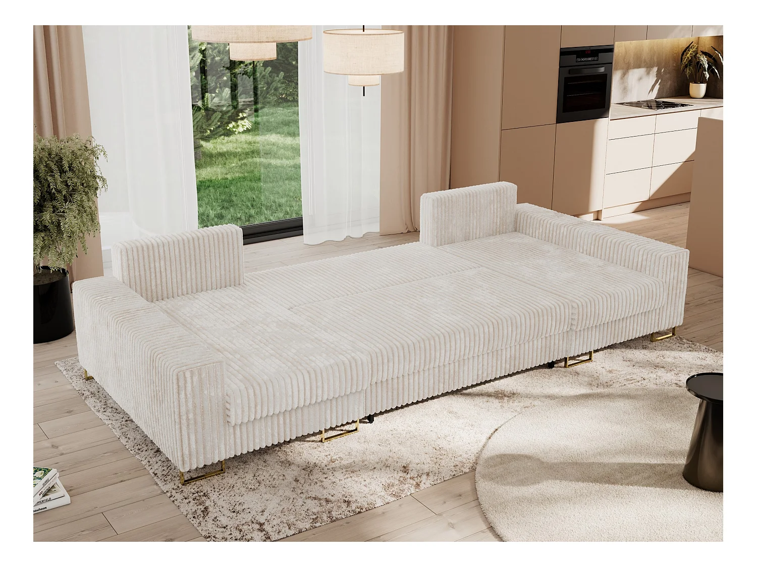 Ecksofa DORIAN U, Wohnlandschaft, Ecksofa mit Armlehnen, schlaffunktion und Bettkästen - Beige Cord