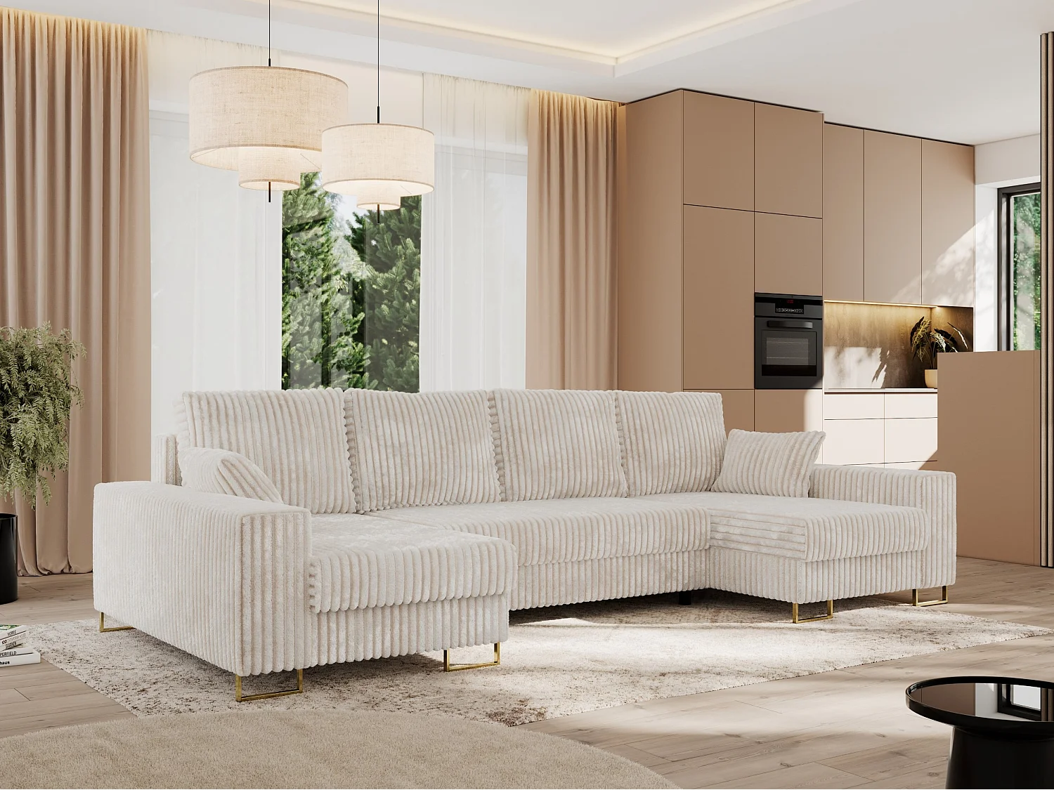 Ecksofa DORIAN U, Wohnlandschaft, Ecksofa mit Armlehnen, schlaffunktion und Bettkästen - Beige Cord