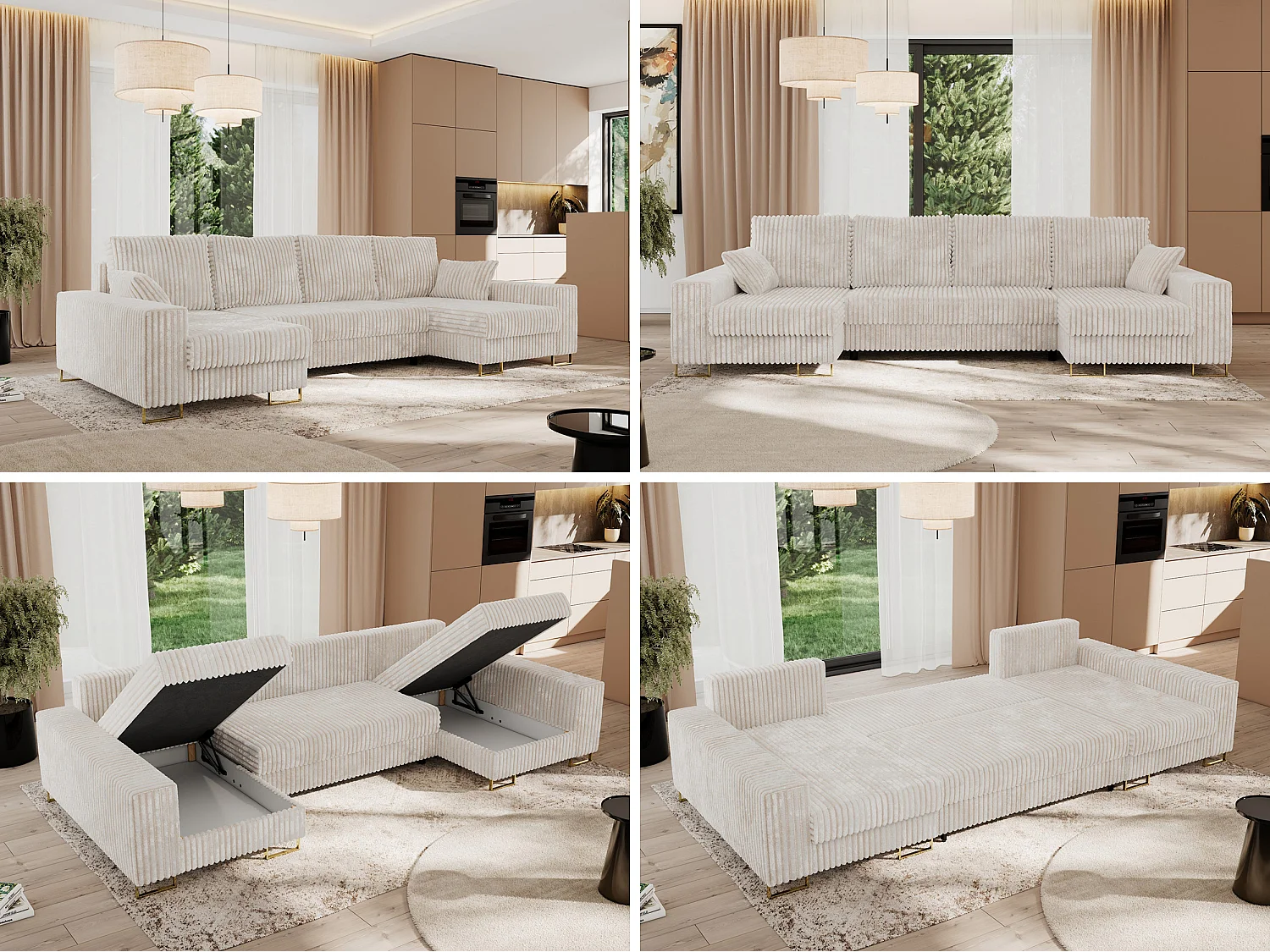 Ecksofa DORIAN U, Wohnlandschaft, Ecksofa mit Armlehnen, schlaffunktion und Bettkästen - Beige Cord