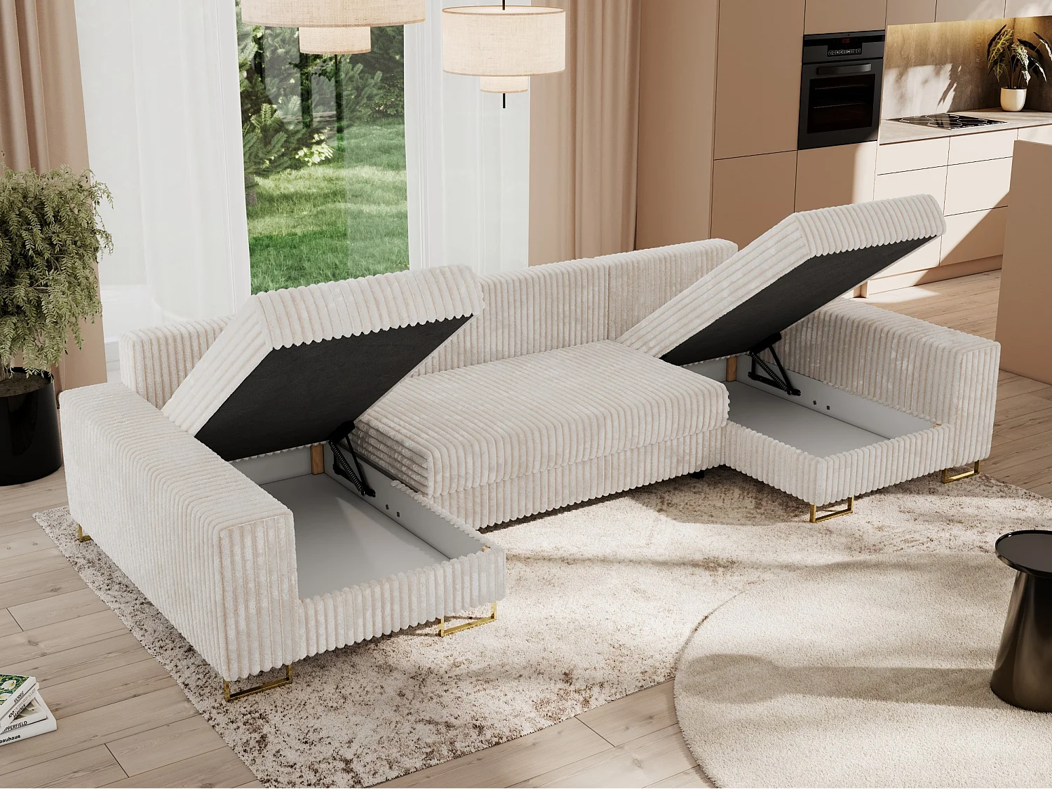 Ecksofa DORIAN U, Wohnlandschaft, Ecksofa mit Armlehnen, schlaffunktion und Bettkästen - Beige Cord