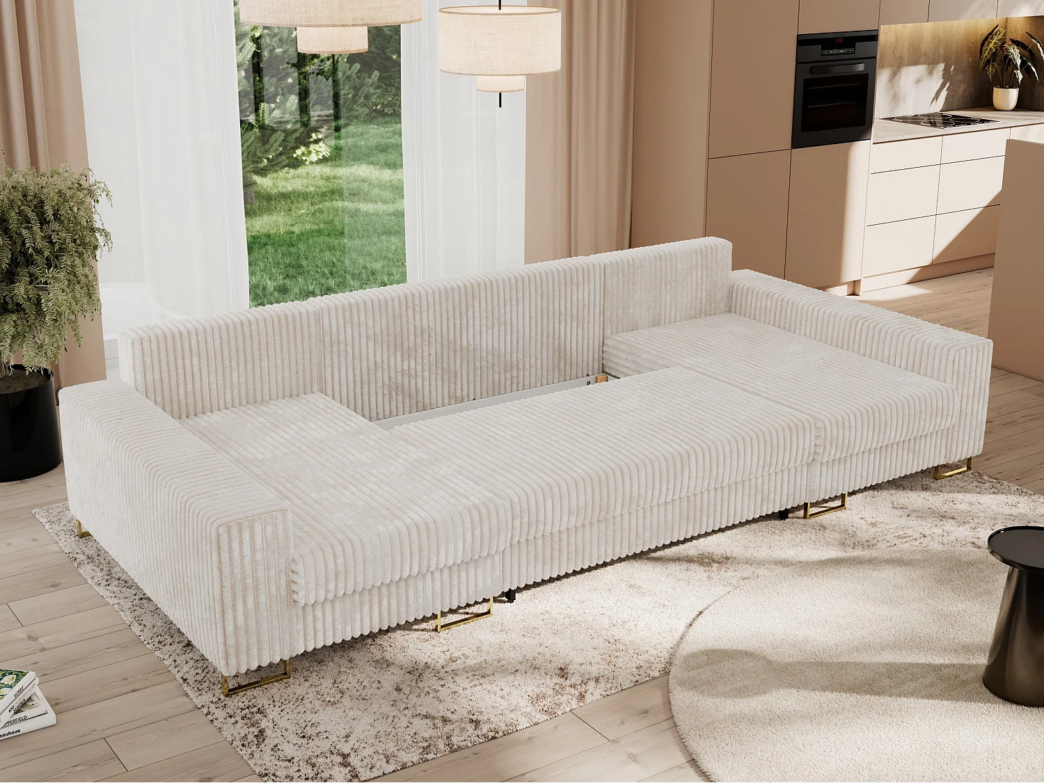 Ecksofa DORIAN U, Wohnlandschaft, Ecksofa mit Armlehnen, schlaffunktion und Bettkästen - Beige Cord