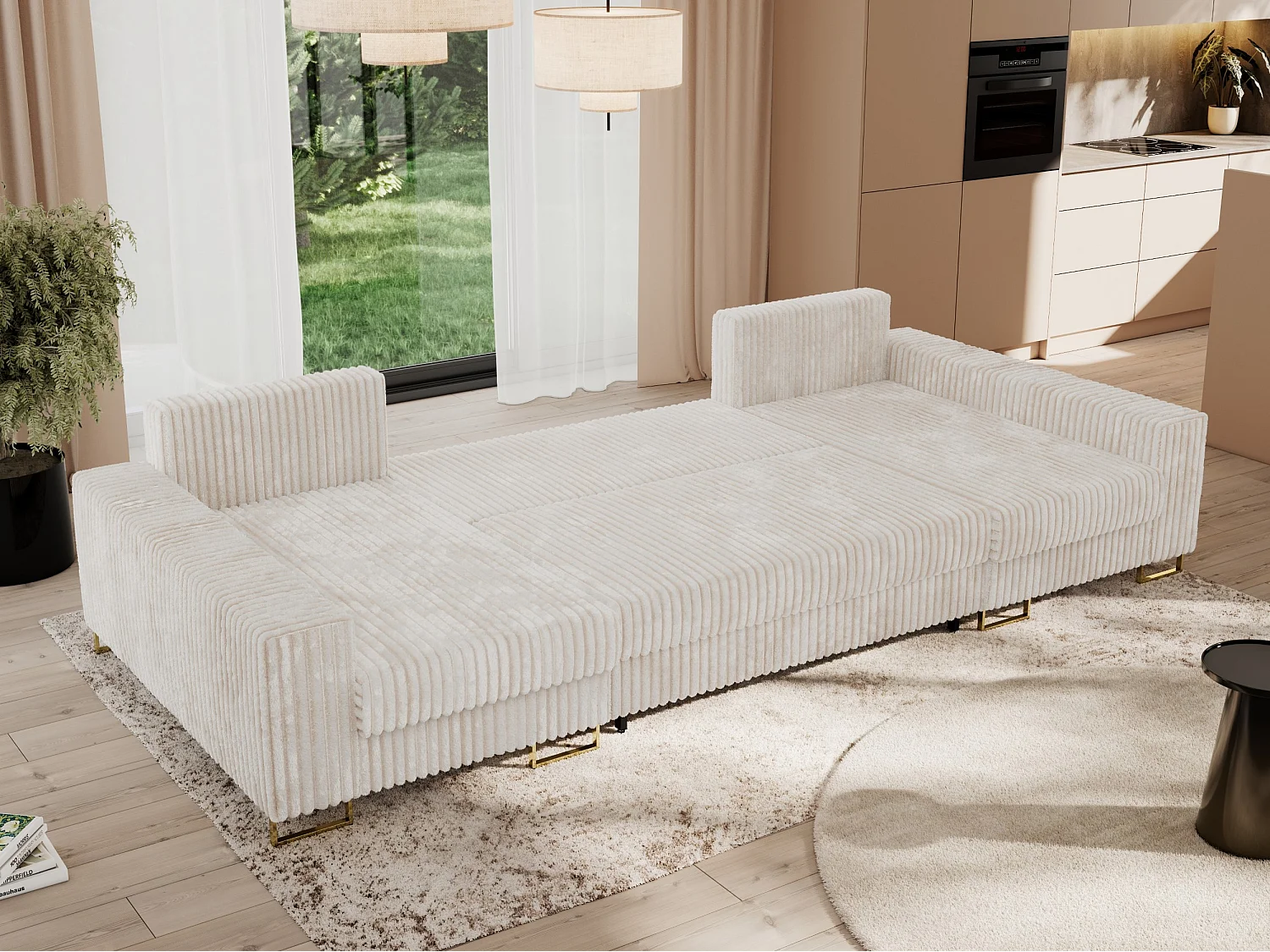 Ecksofa DORIAN U, Wohnlandschaft, Ecksofa mit Armlehnen, schlaffunktion und Bettkästen - Beige Cord