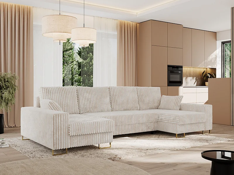 Ecksofa DORIAN U, Wohnlandschaft, Ecksofa mit Armlehnen, schlaffunktion und Bettkästen - Beige Cord
