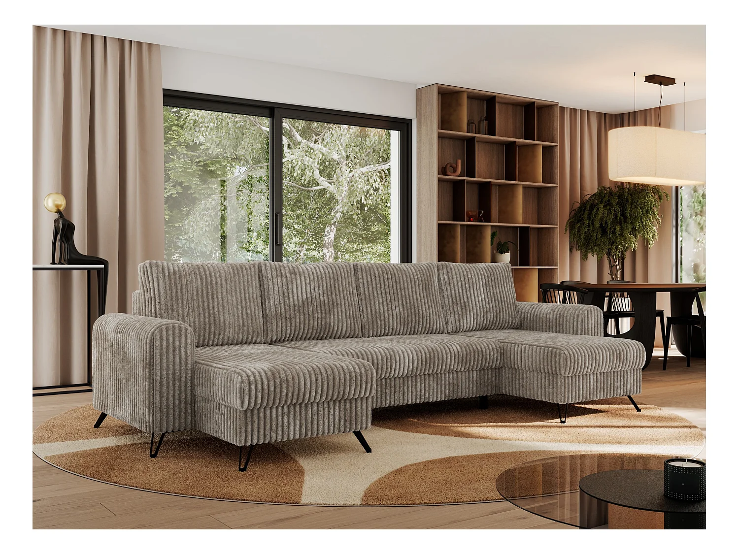 Ecksofa AXEL U, lose kissen, Ecksofa l-förmig, schlaffunktion und Bettkästen - Hellbraun Cord