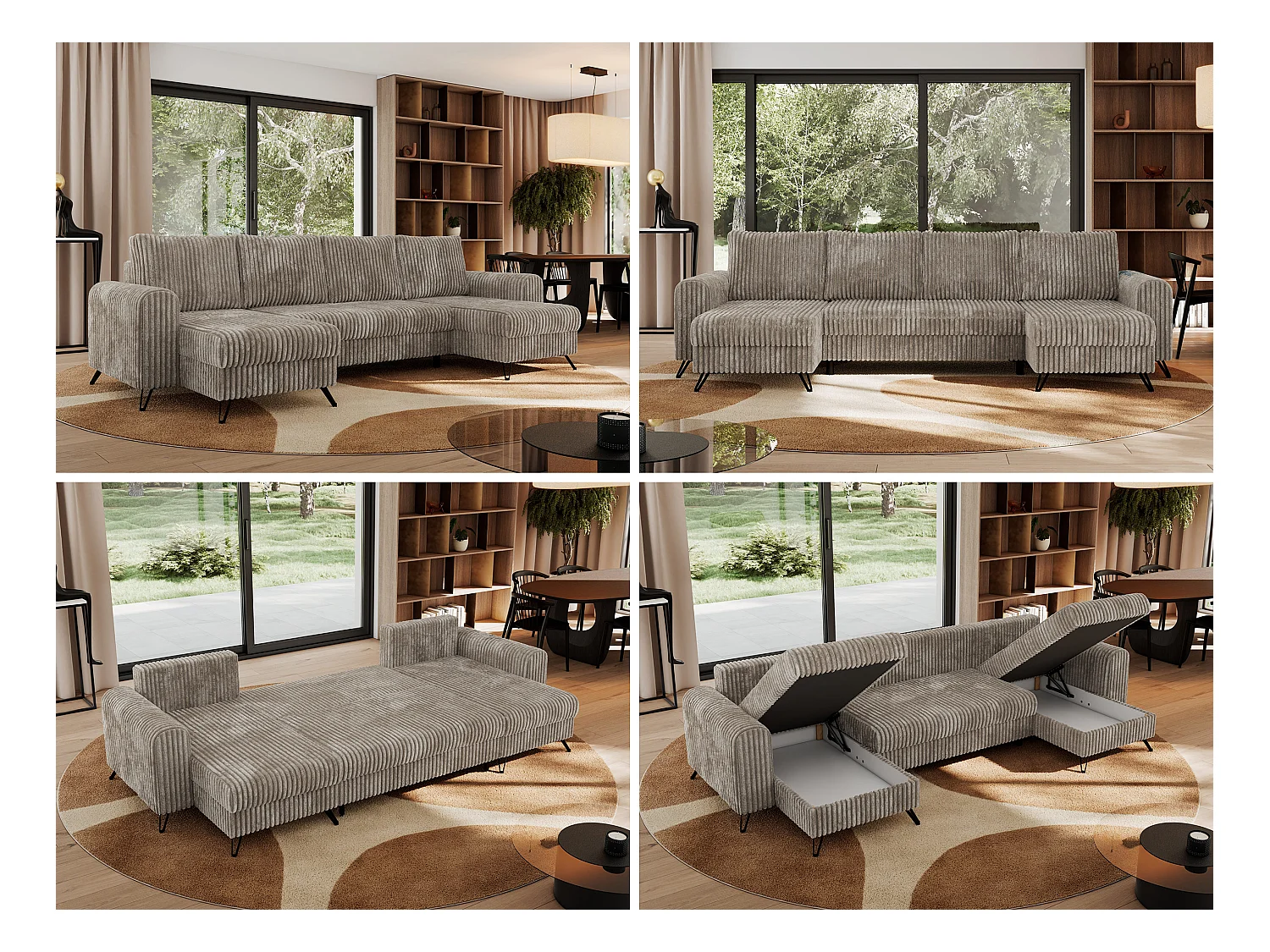 Ecksofa AXEL U, lose kissen, Ecksofa l-förmig, schlaffunktion und Bettkästen - Hellbraun Cord