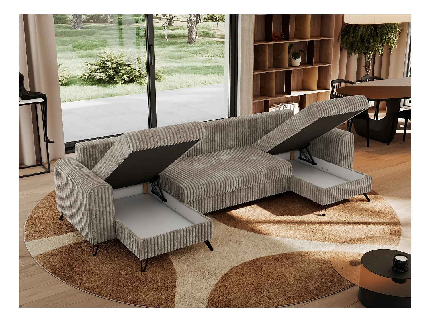 Ecksofa AXEL U, lose kissen, Ecksofa l-förmig, schlaffunktion und Bettkästen - Hellbraun Cord