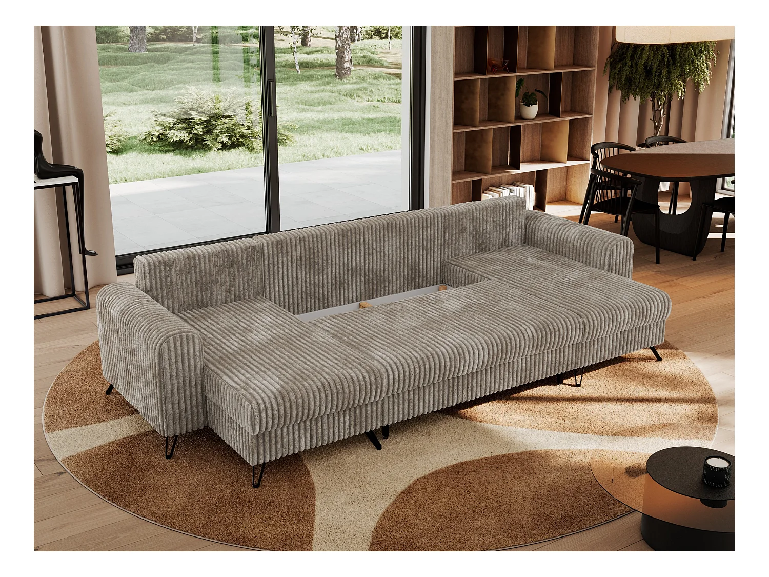 Ecksofa AXEL U, lose kissen, Ecksofa l-förmig, schlaffunktion und Bettkästen - Hellbraun Cord