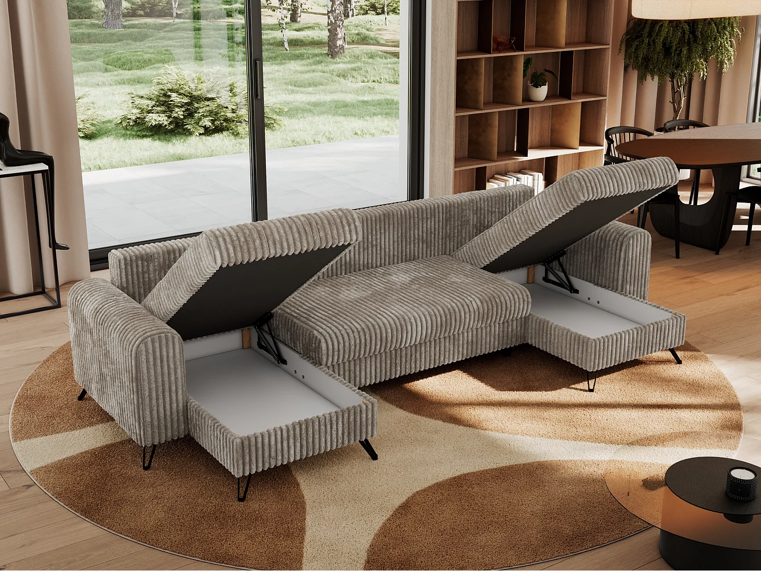 Ecksofa AXEL U, lose kissen, Ecksofa l-förmig, schlaffunktion und Bettkästen - Hellbraun Cord