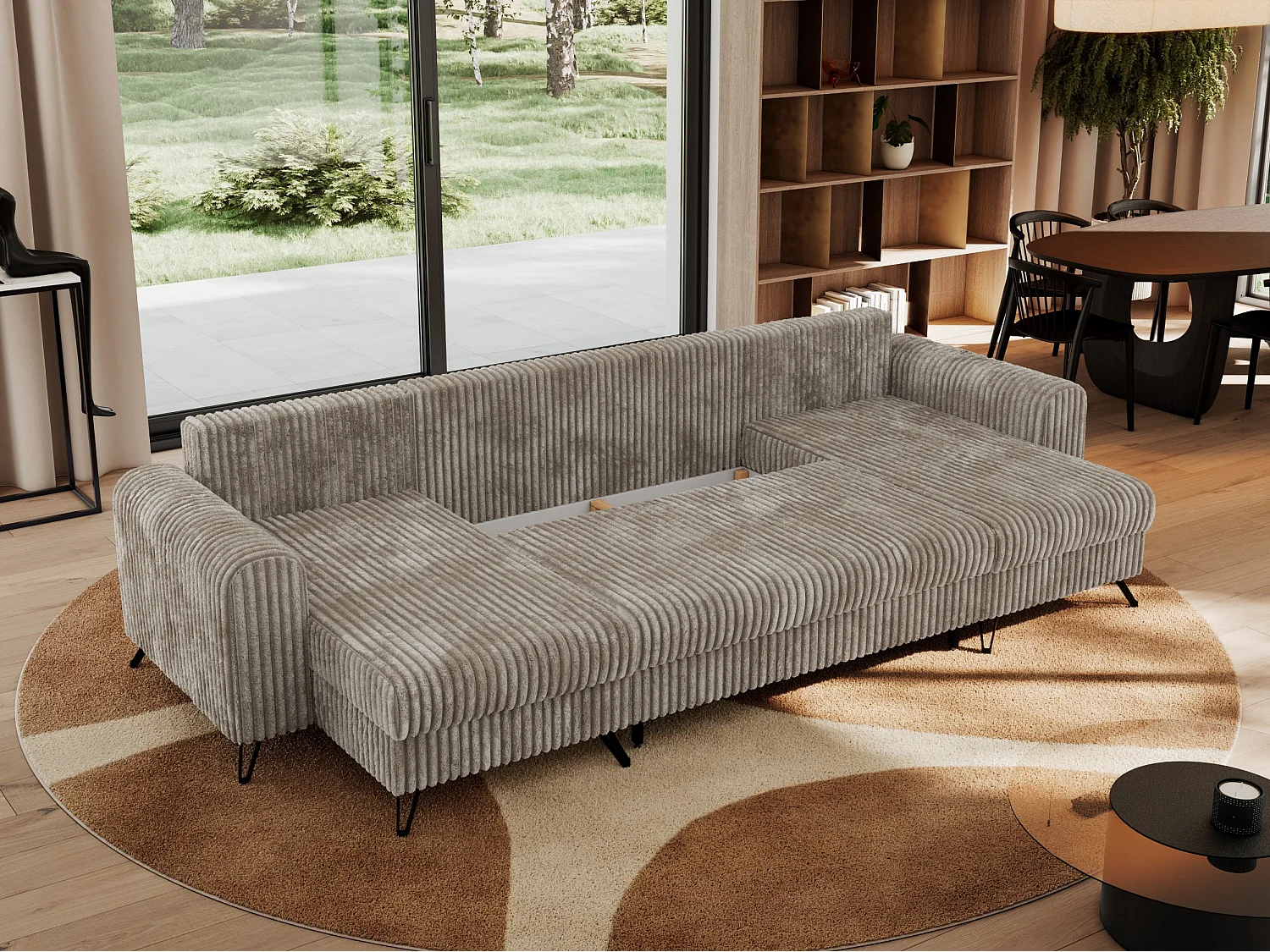 Ecksofa AXEL U, lose kissen, Ecksofa l-förmig, schlaffunktion und Bettkästen - Hellbraun Cord