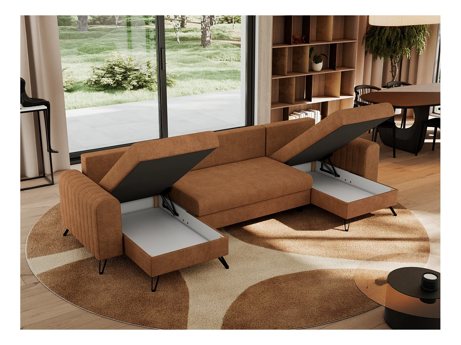 Ecksofa AXEL U, lose kissen, Ecksofa l-förmig, schlaffunktion und Bettkästen - Orange Struktur