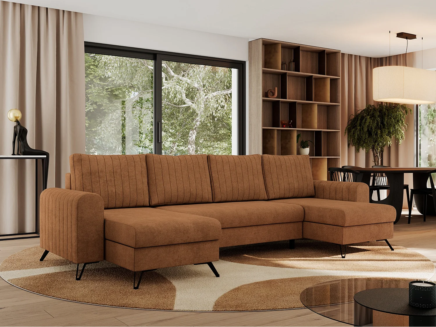 Ecksofa AXEL U, lose kissen, Ecksofa l-förmig, schlaffunktion und Bettkästen - Orange Struktur