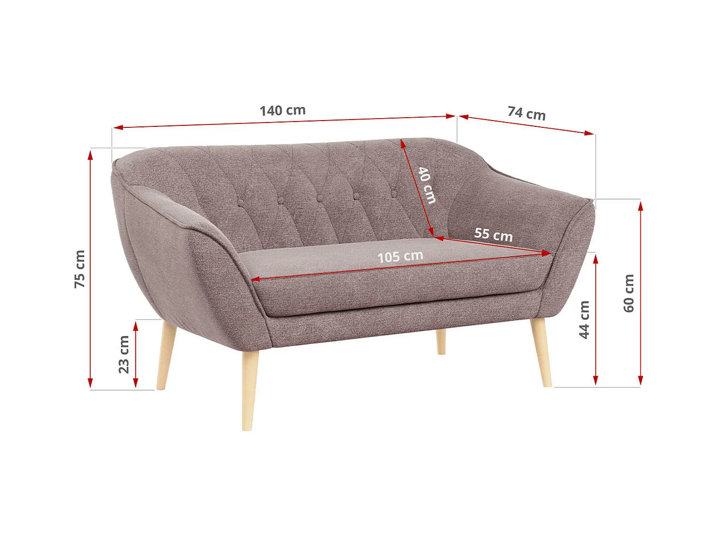 Sofa PIRS - 2-Sitzer, mit Armlehnen, Skandinavisches Design - Rosa Stukture