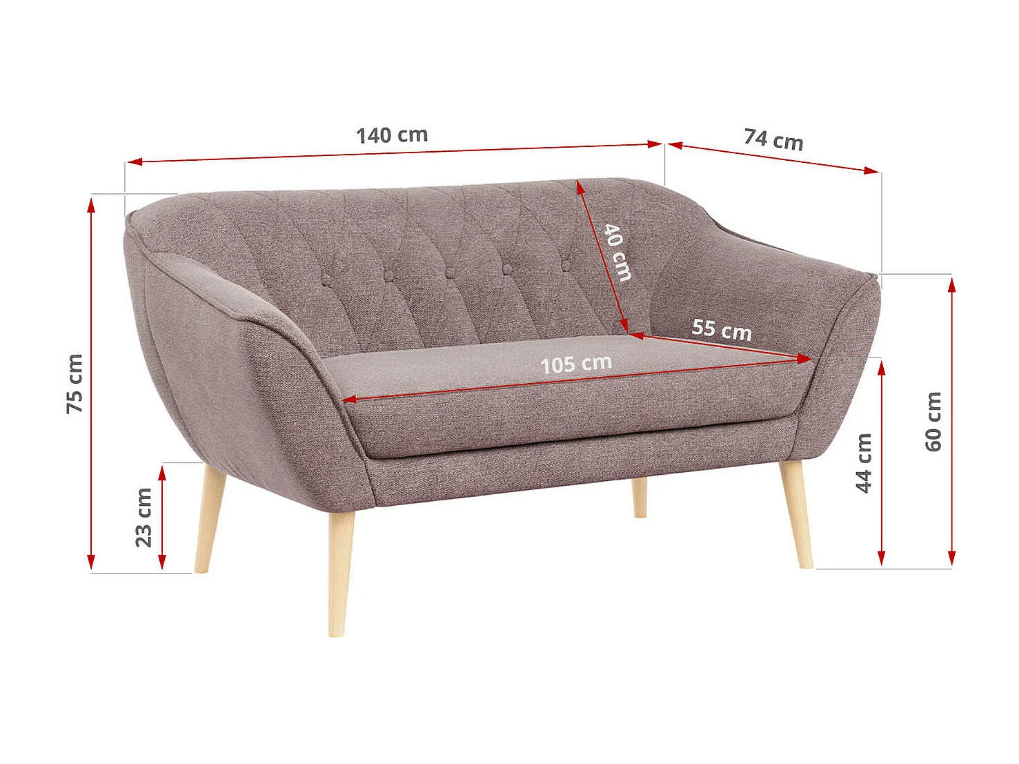 Sofa PIRS - 2-Sitzer, mit Armlehnen, Skandinavisches Design - Rosa Stukture