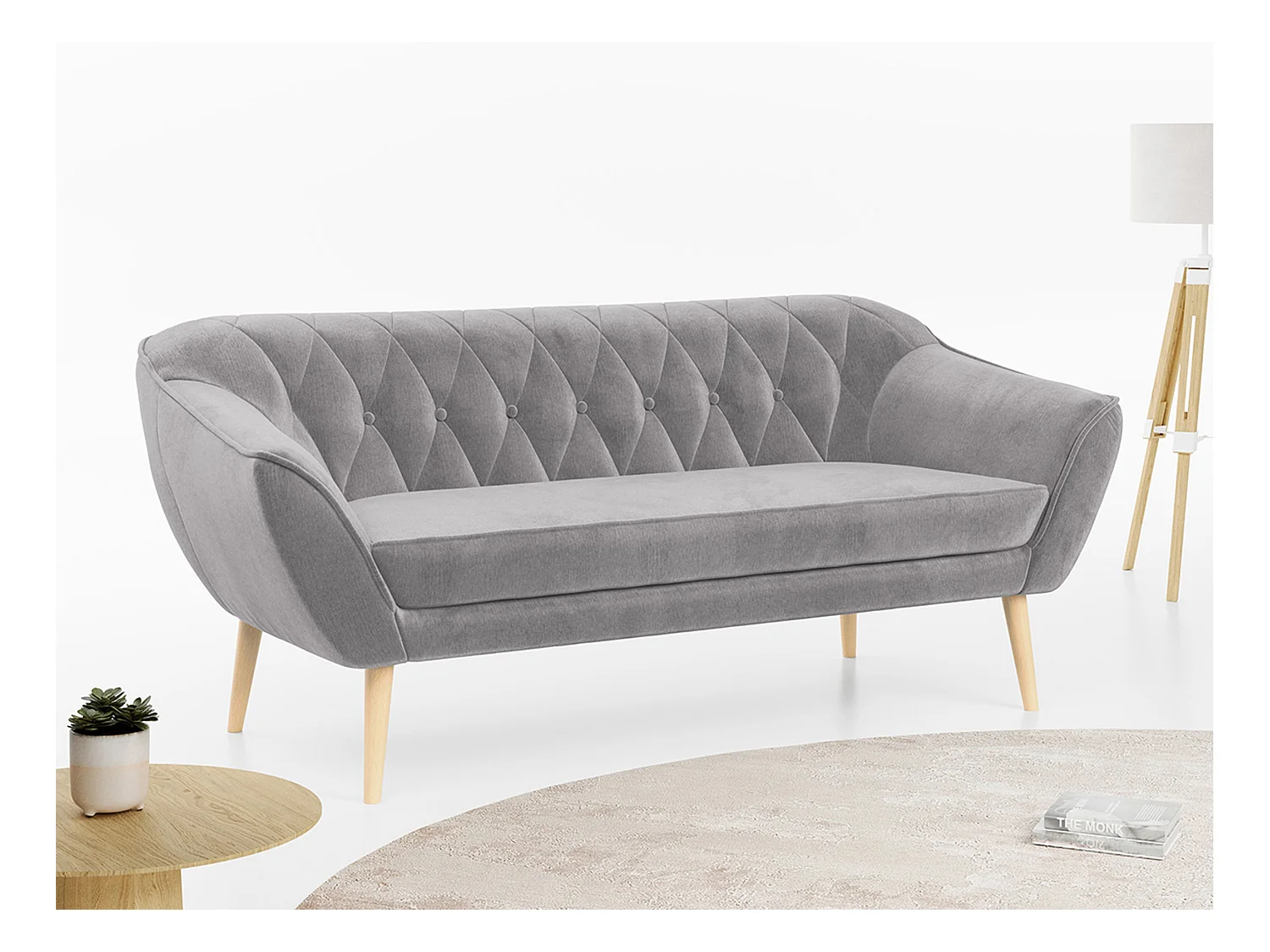 Sofa PIRS - 3-Sitzer Skandinavischer Sofa, mit Armlehnen, Holzbeine - Hellgrau Velvet