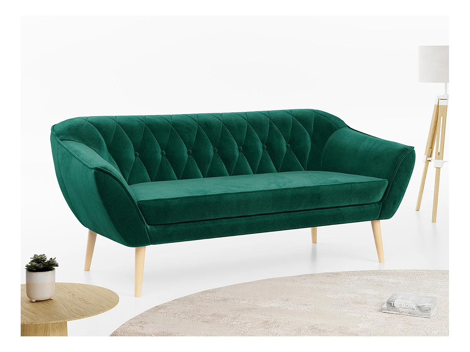 Sofa PIRS - 3-Sitzer Skandinavischer Sofa, mit Armlehnen, Holzbeine - Dunkelgrün Velvet
