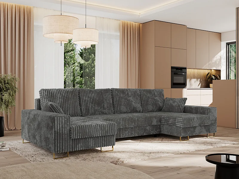 Ecksofa DORIAN U, Wohnlandschaft, Ecksofa mit Armlehnen, schlaffunktion und Bettkästen - Dunkelgrau Cord