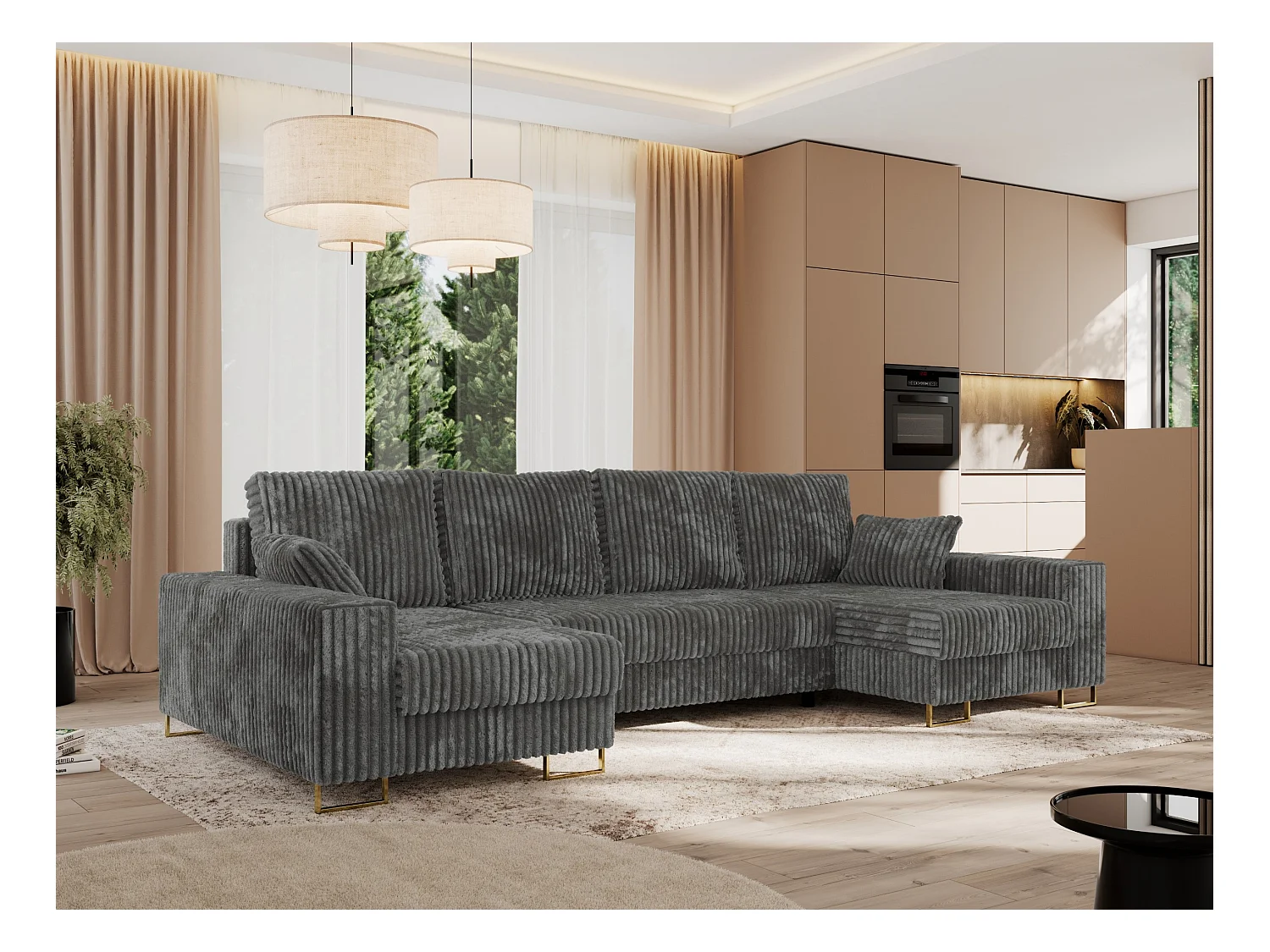 Ecksofa DORIAN U, Wohnlandschaft, Ecksofa mit Armlehnen, schlaffunktion und Bettkästen - Dunkelgrau Cord