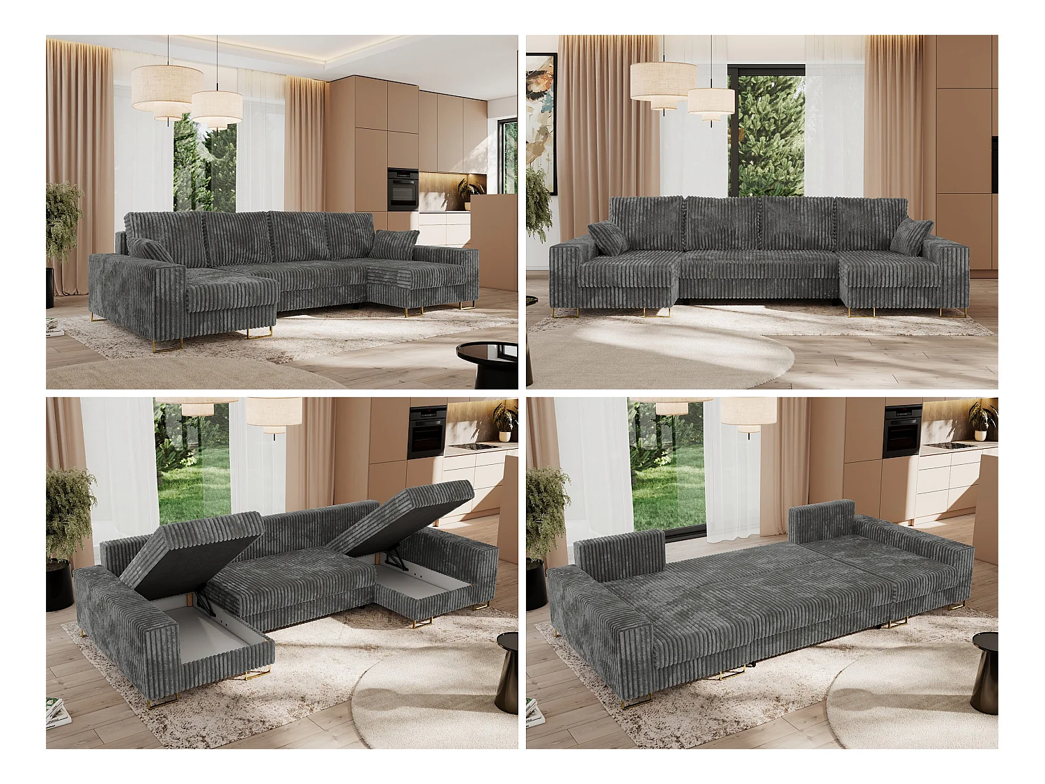 Ecksofa DORIAN U, Wohnlandschaft, Ecksofa mit Armlehnen, schlaffunktion und Bettkästen - Dunkelgrau Cord