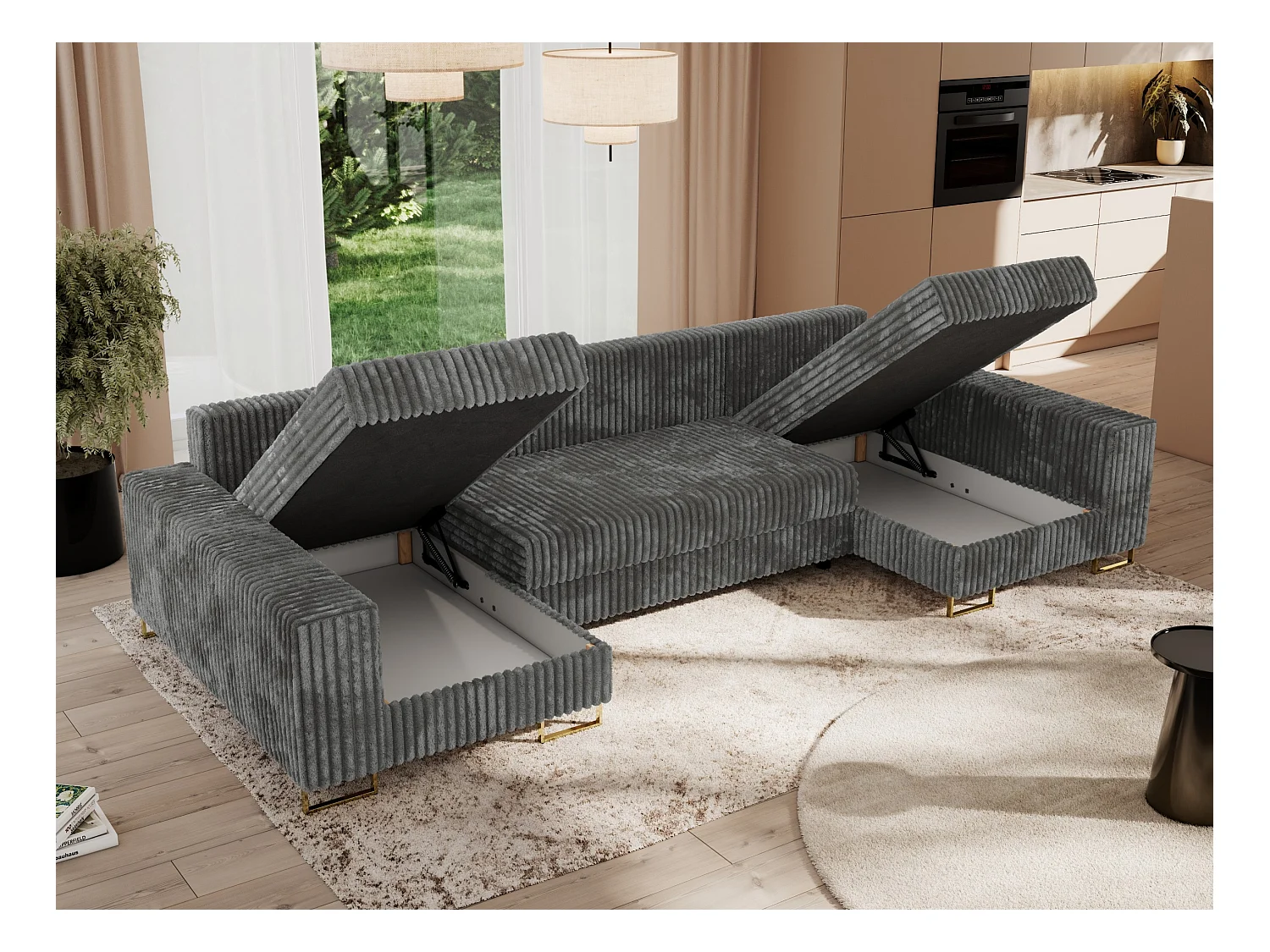 Ecksofa DORIAN U, Wohnlandschaft, Ecksofa mit Armlehnen, schlaffunktion und Bettkästen - Dunkelgrau Cord