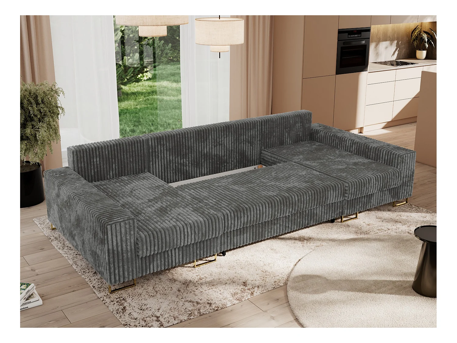 Ecksofa DORIAN U, Wohnlandschaft, Ecksofa mit Armlehnen, schlaffunktion und Bettkästen - Dunkelgrau Cord