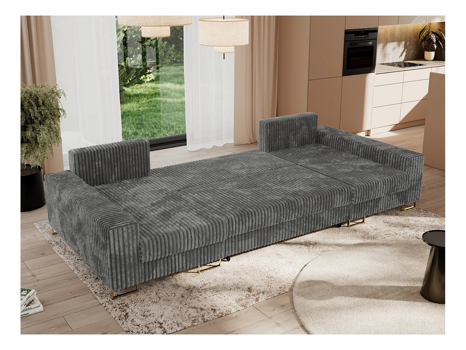 Ecksofa DORIAN U, Wohnlandschaft, Ecksofa mit Armlehnen, schlaffunktion und Bettkästen - Dunkelgrau Cord