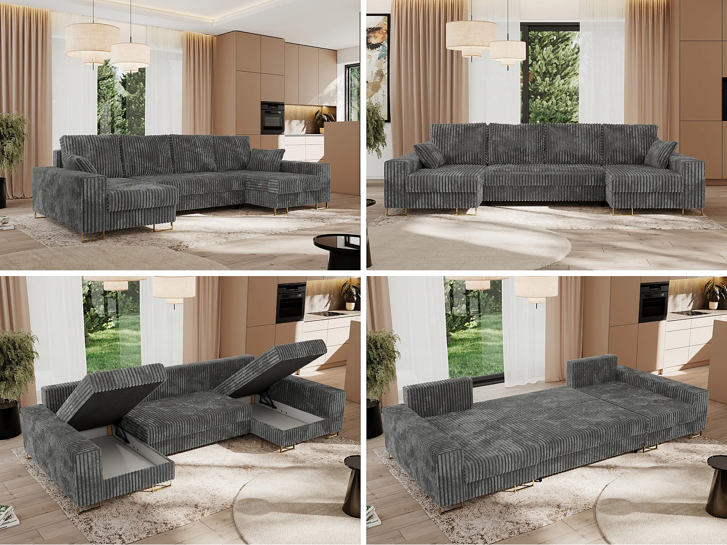 Ecksofa DORIAN U, Wohnlandschaft, Ecksofa mit Armlehnen, schlaffunktion und Bettkästen - Dunkelgrau Cord