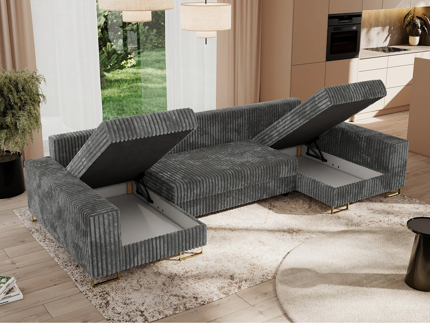 Ecksofa DORIAN U, Wohnlandschaft, Ecksofa mit Armlehnen, schlaffunktion und Bettkästen - Dunkelgrau Cord