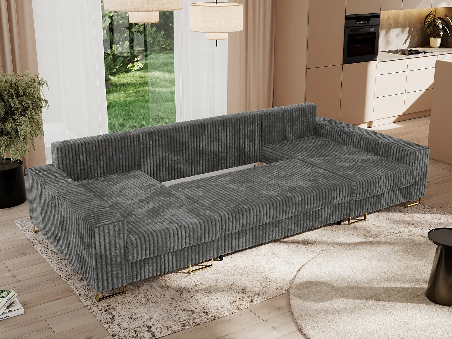 Ecksofa DORIAN U, Wohnlandschaft, Ecksofa mit Armlehnen, schlaffunktion und Bettkästen - Dunkelgrau Cord