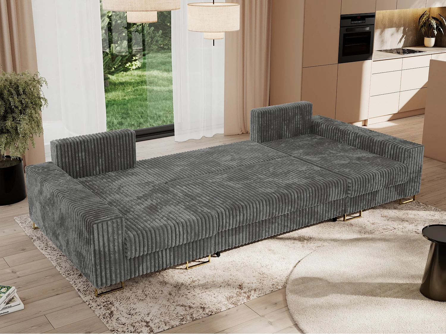 Ecksofa DORIAN U, Wohnlandschaft, Ecksofa mit Armlehnen, schlaffunktion und Bettkästen - Dunkelgrau Cord