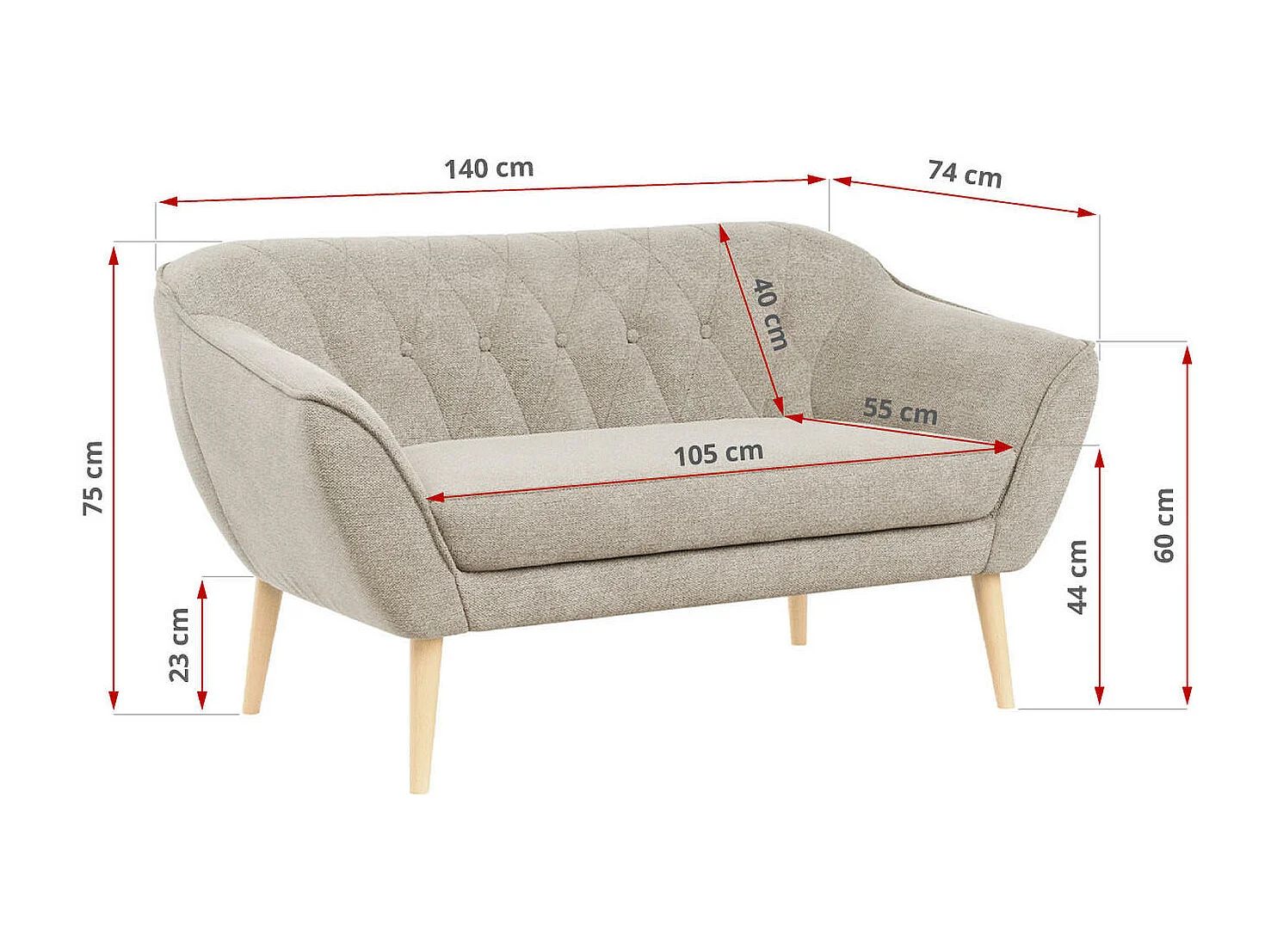 Sofa PIRS - 2-Sitzer, mit Armlehnen, Skandinavisches Design - Beige Stukture