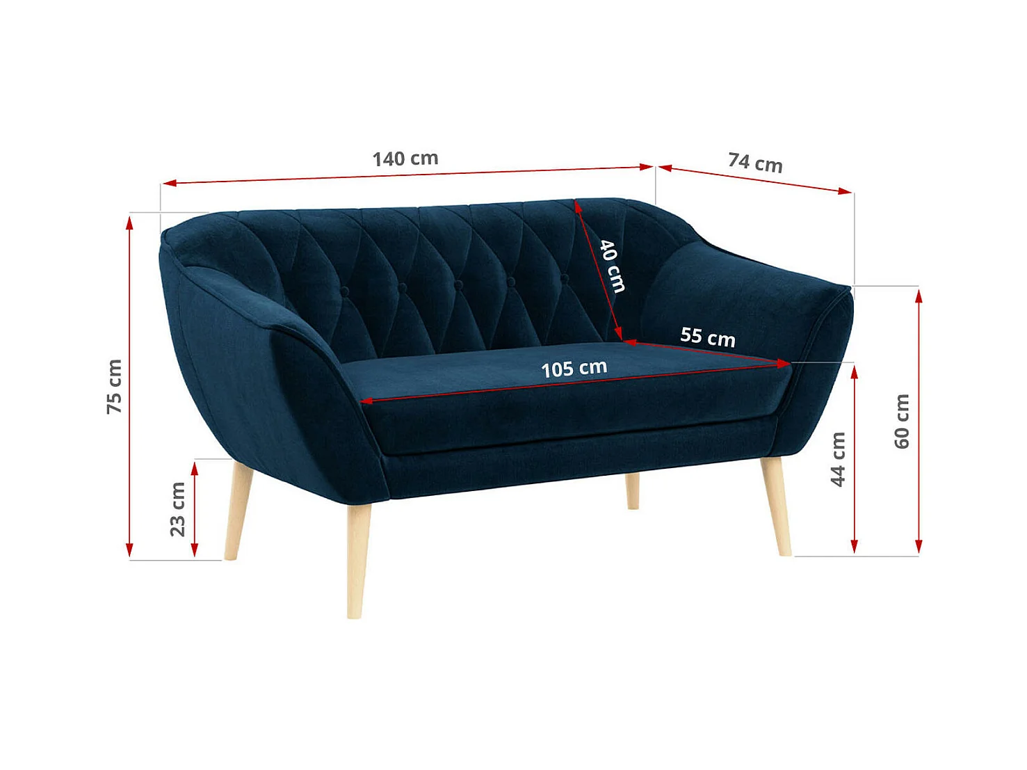 Sofa PIRS - 2-Sitzer, mit Armlehnen, Skandinavisches Design - Dunkelblau Velvet