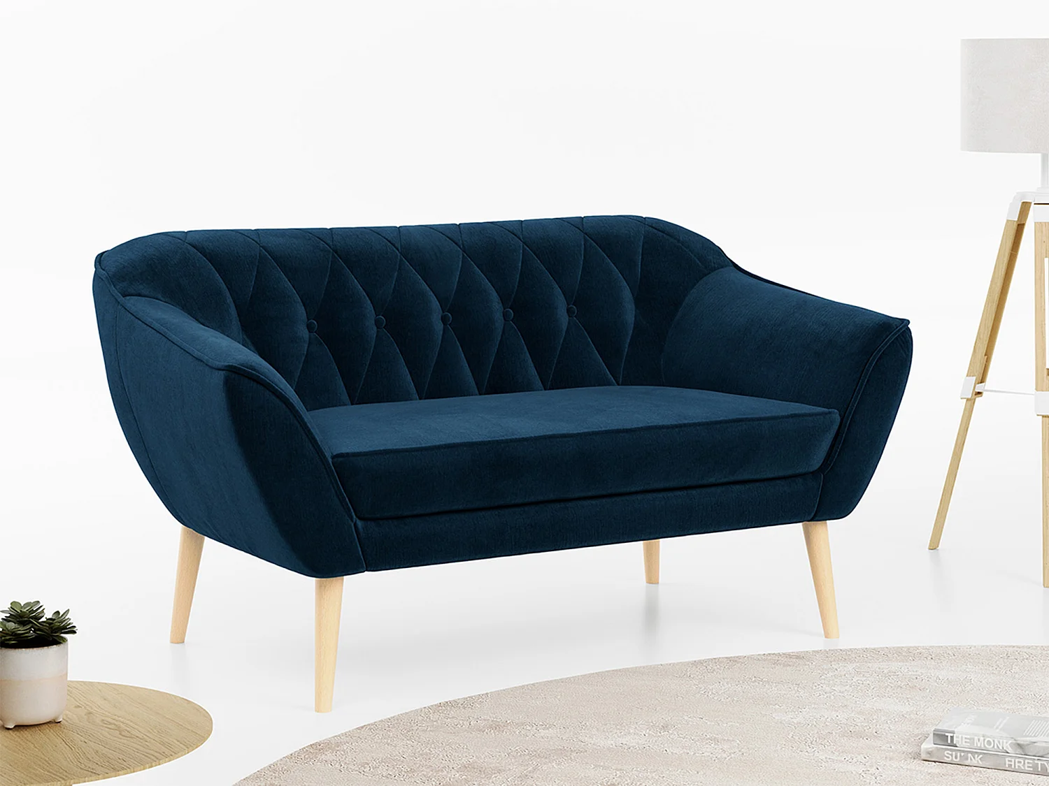 Sofa PIRS - 2-Sitzer, mit Armlehnen, Skandinavisches Design - Dunkelblau Velvet