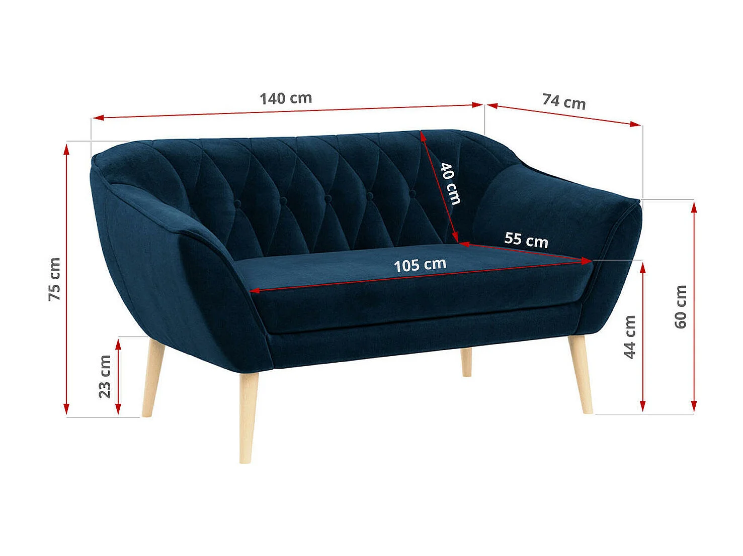 Sofa PIRS - 2-Sitzer, mit Armlehnen, Skandinavisches Design - Dunkelblau Velvet