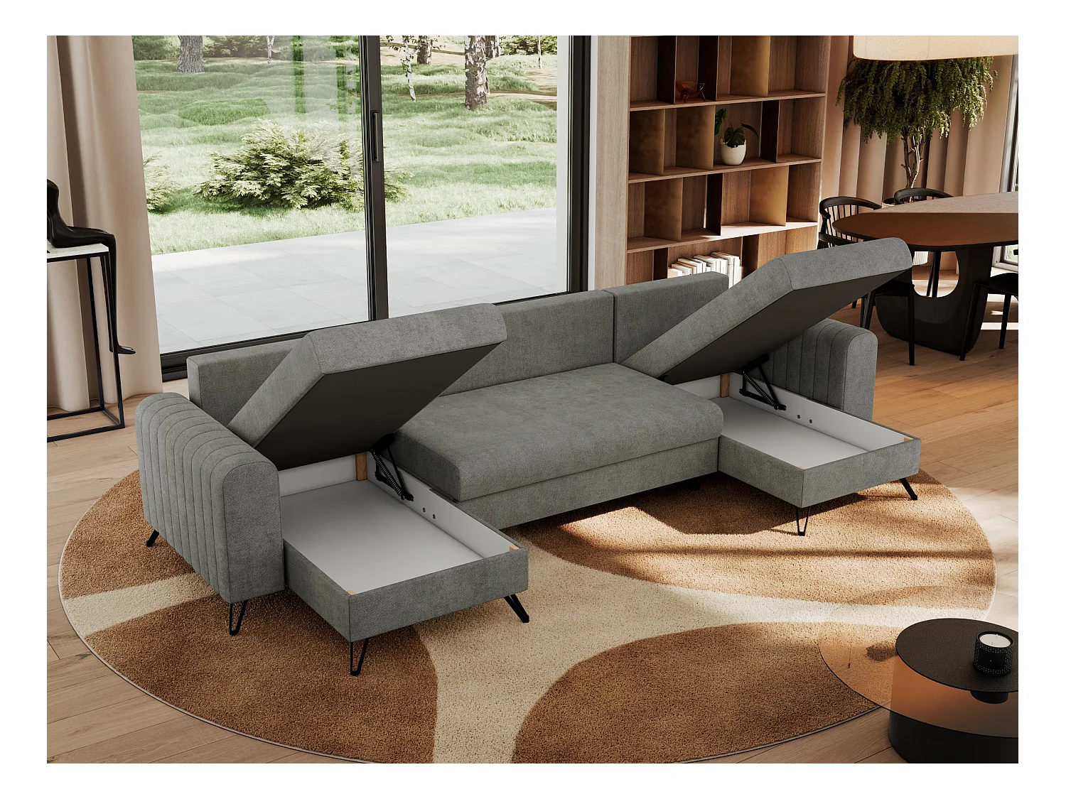 Ecksofa AXEL U, lose kissen, Ecksofa l-förmig, schlaffunktion und Bettkästen - Grau Struktur