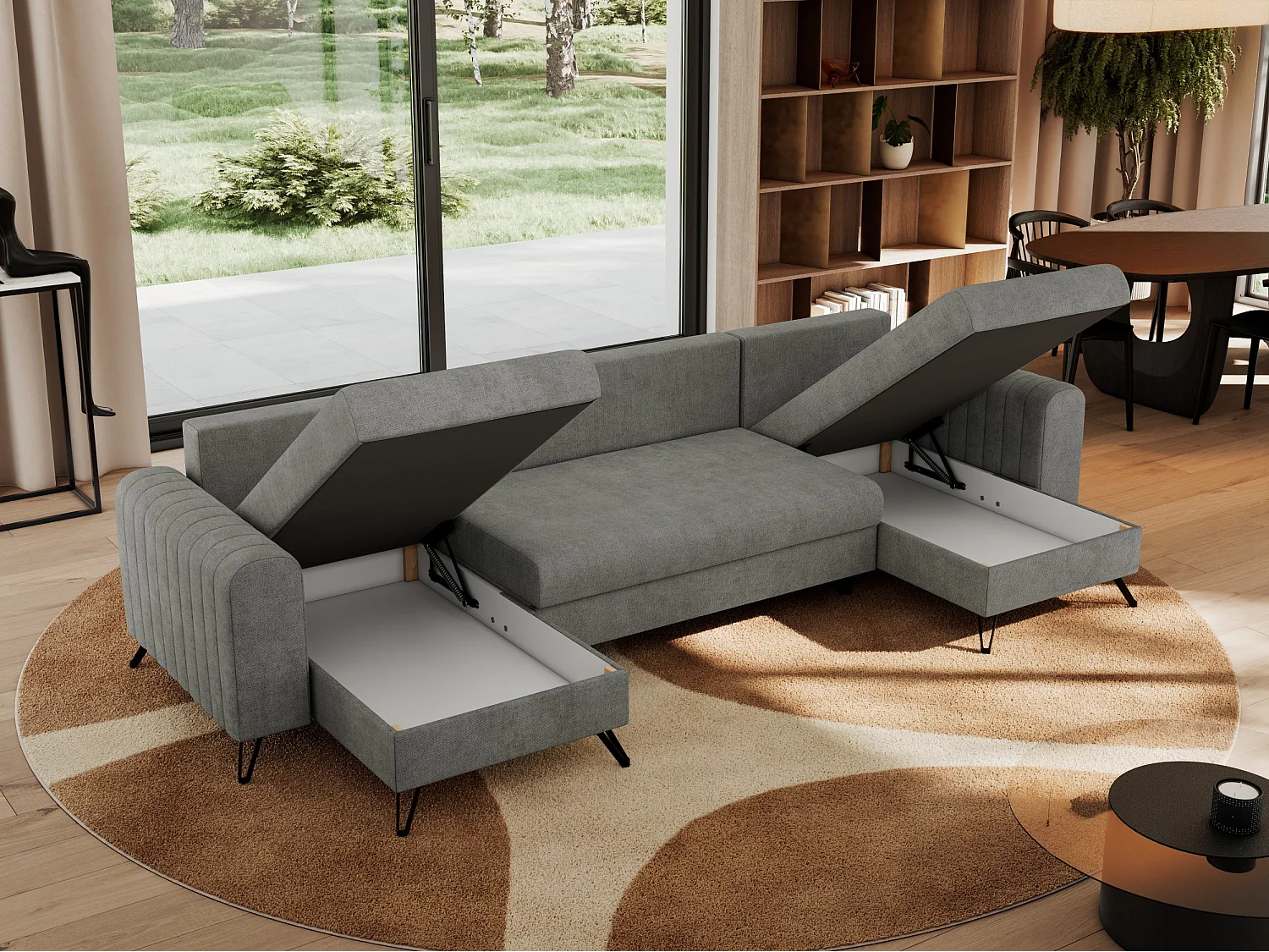 Ecksofa AXEL U, lose kissen, Ecksofa l-förmig, schlaffunktion und Bettkästen - Grau Struktur