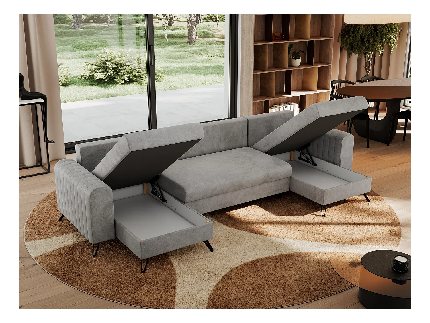 Ecksofa AXEL U, lose kissen, Ecksofa l-förmig, schlaffunktion und Bettkästen - Hellgrau Velvet