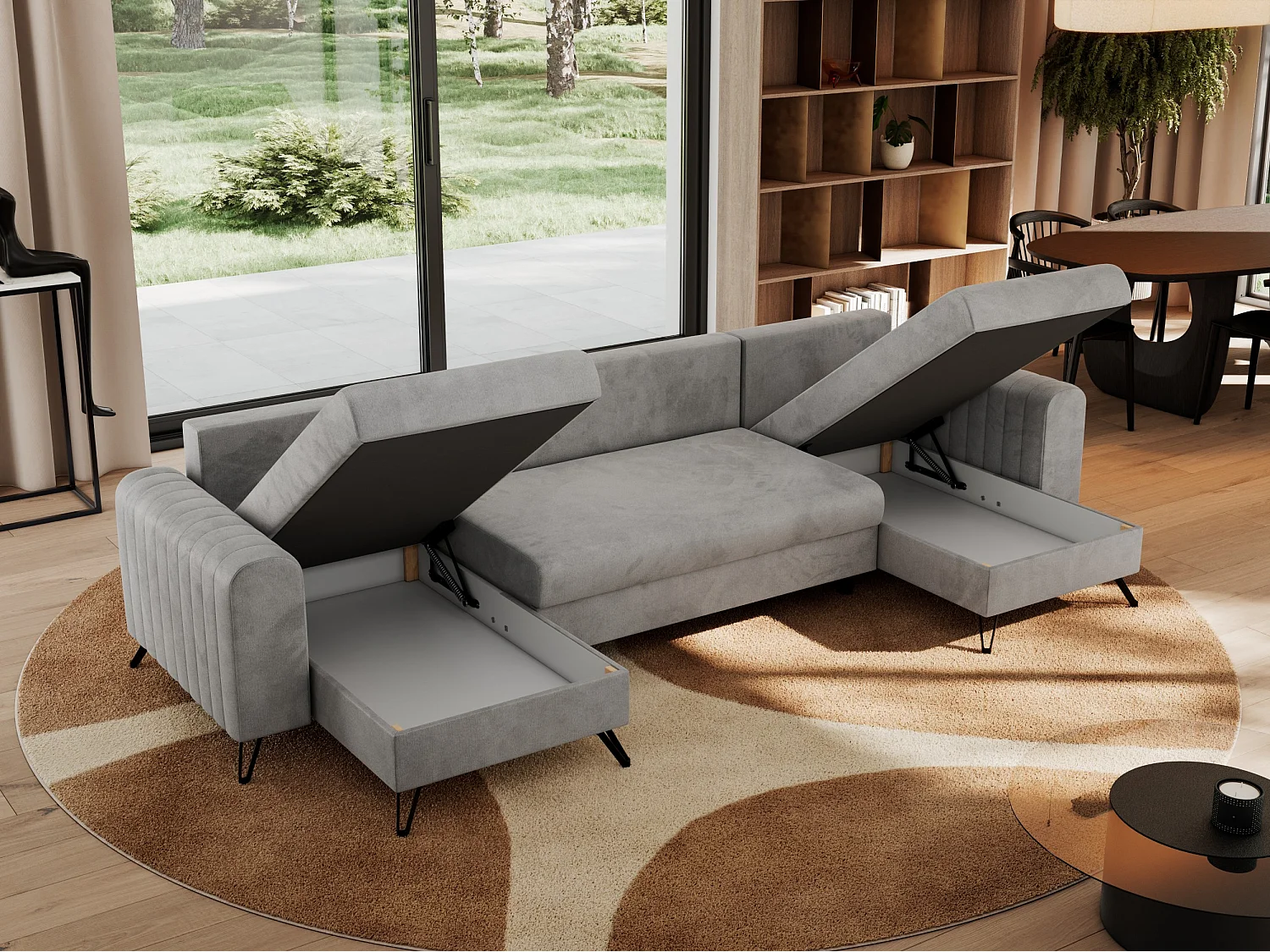Ecksofa AXEL U, lose kissen, Ecksofa l-förmig, schlaffunktion und Bettkästen - Hellgrau Velvet