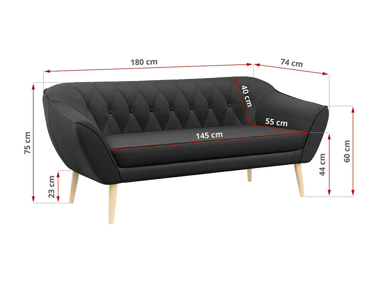 Sofa PIRS - 3-Sitzer Skandinavischer Sofa, mit Armlehnen, Holzbeine - Dunkelgrau Stukture
