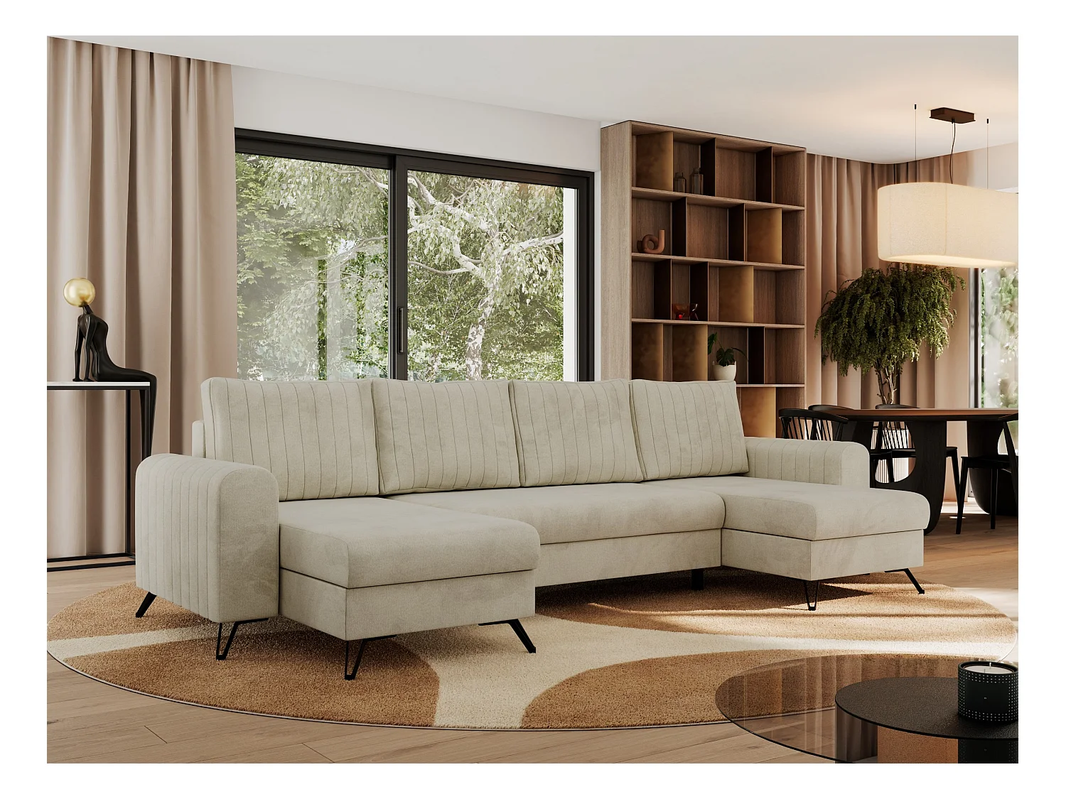 Ecksofa AXEL U, lose kissen, Ecksofa l-förmig, schlaffunktion und Bettkästen - Beige Velvet