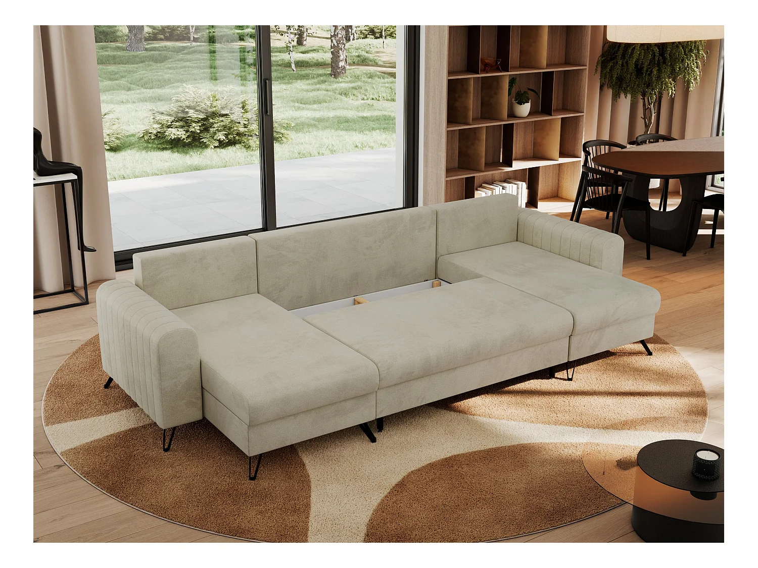 Ecksofa AXEL U, lose kissen, Ecksofa l-förmig, schlaffunktion und Bettkästen - Beige Velvet