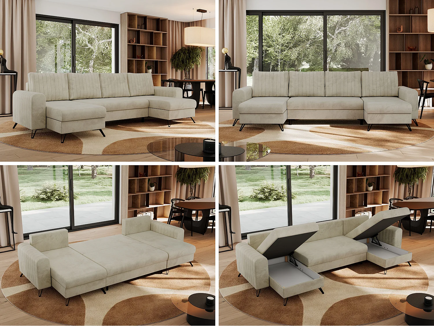 Ecksofa AXEL U, lose kissen, Ecksofa l-förmig, schlaffunktion und Bettkästen - Beige Velvet