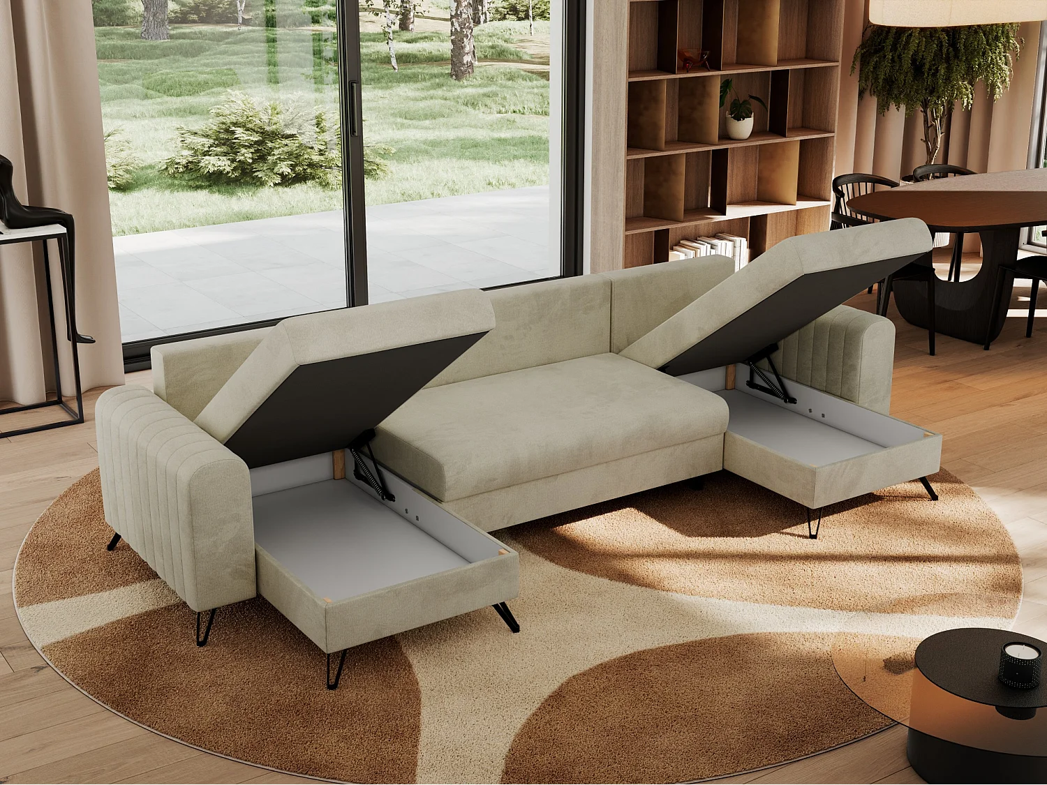 Ecksofa AXEL U, lose kissen, Ecksofa l-förmig, schlaffunktion und Bettkästen - Beige Velvet