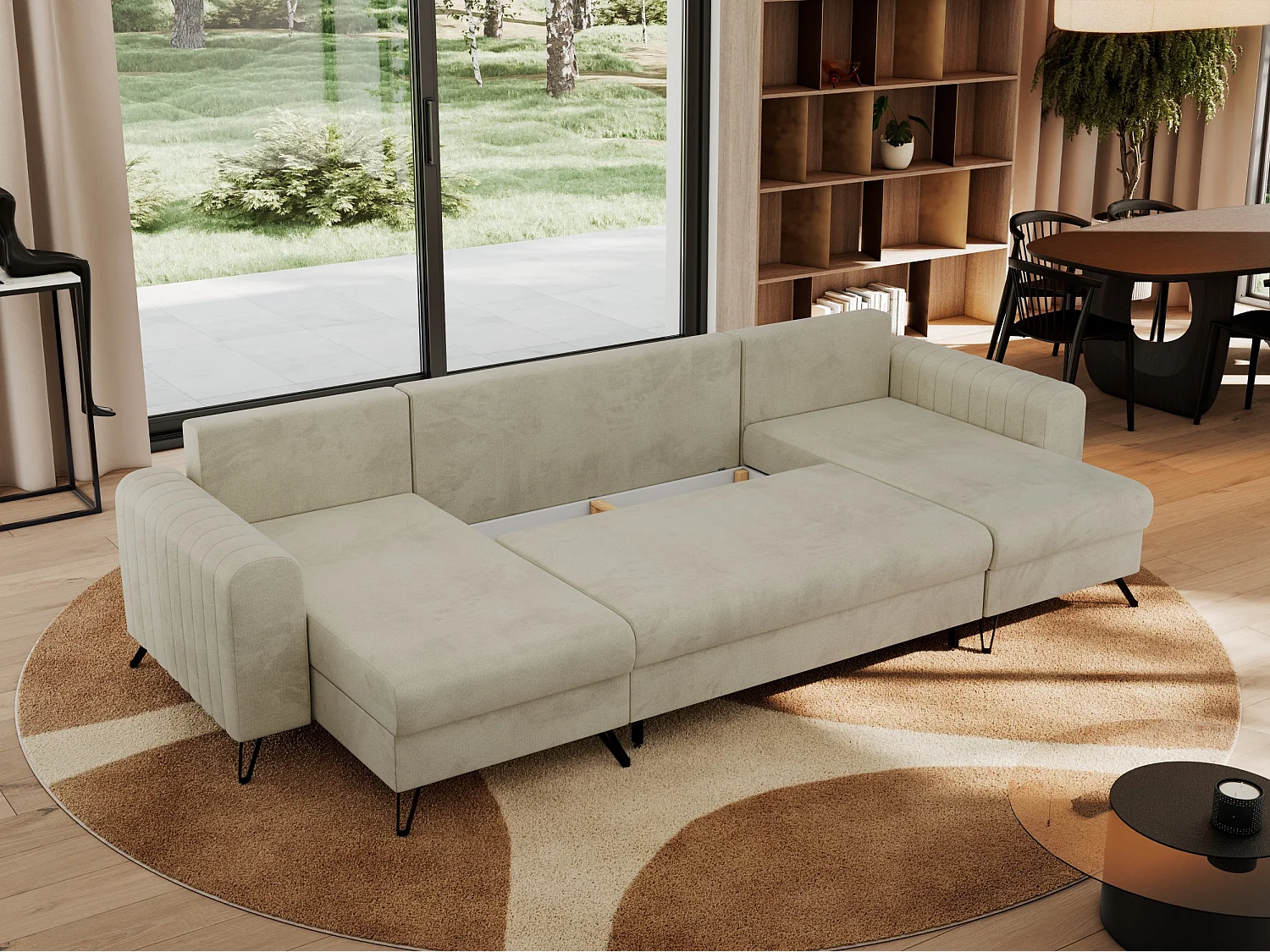 Ecksofa AXEL U, lose kissen, Ecksofa l-förmig, schlaffunktion und Bettkästen - Beige Velvet