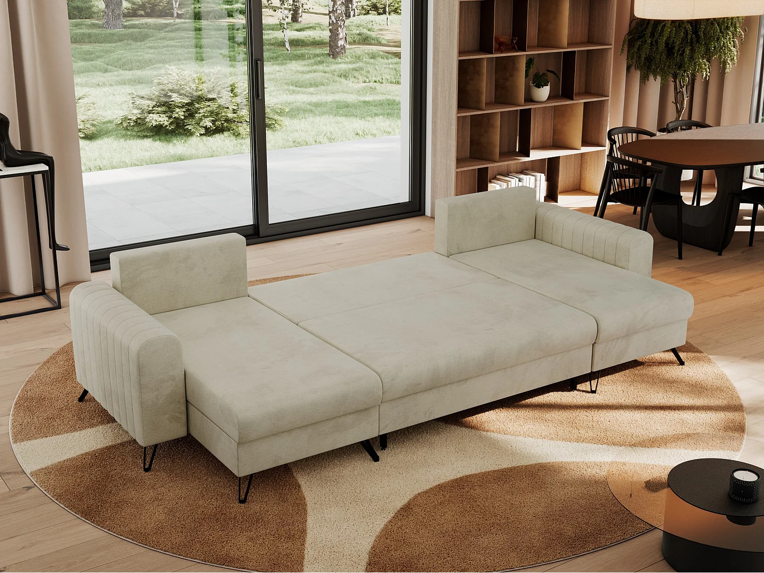 Ecksofa AXEL U, lose kissen, Ecksofa l-förmig, schlaffunktion und Bettkästen - Beige Velvet