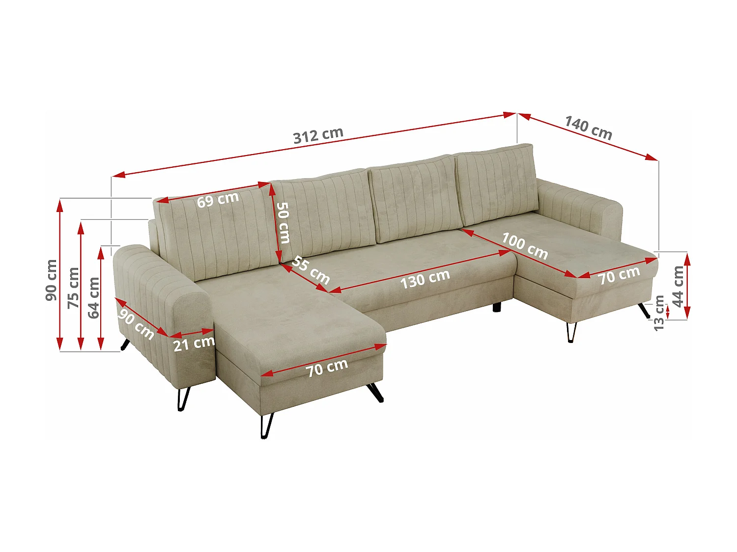 Ecksofa AXEL U, lose kissen, Ecksofa l-förmig, schlaffunktion und Bettkästen - Beige Velvet