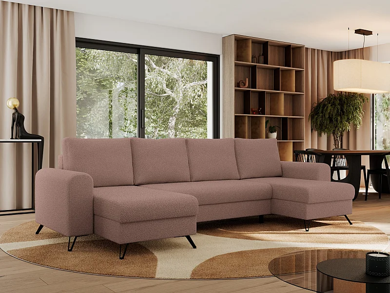 Ecksofa AXEL U, lose kissen, Ecksofa l-förmig, schlaffunktion und Bettkästen - Rosa Boucle