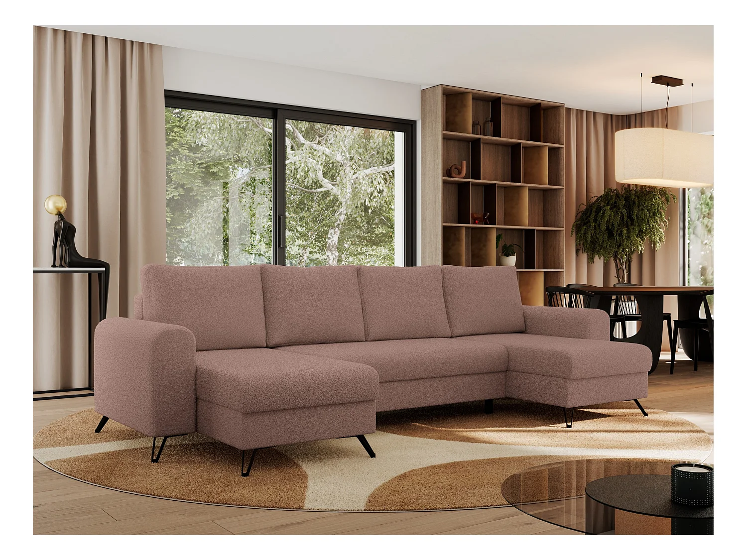 Ecksofa AXEL U, lose kissen, Ecksofa l-förmig, schlaffunktion und Bettkästen - Rosa Boucle