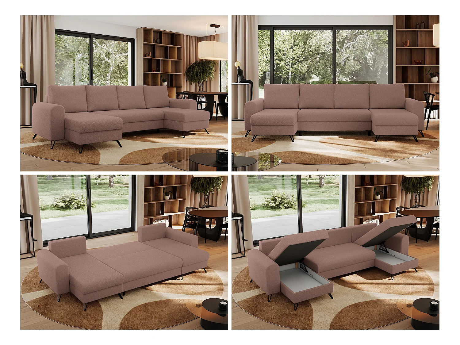 Ecksofa AXEL U, lose kissen, Ecksofa l-förmig, schlaffunktion und Bettkästen - Rosa Boucle